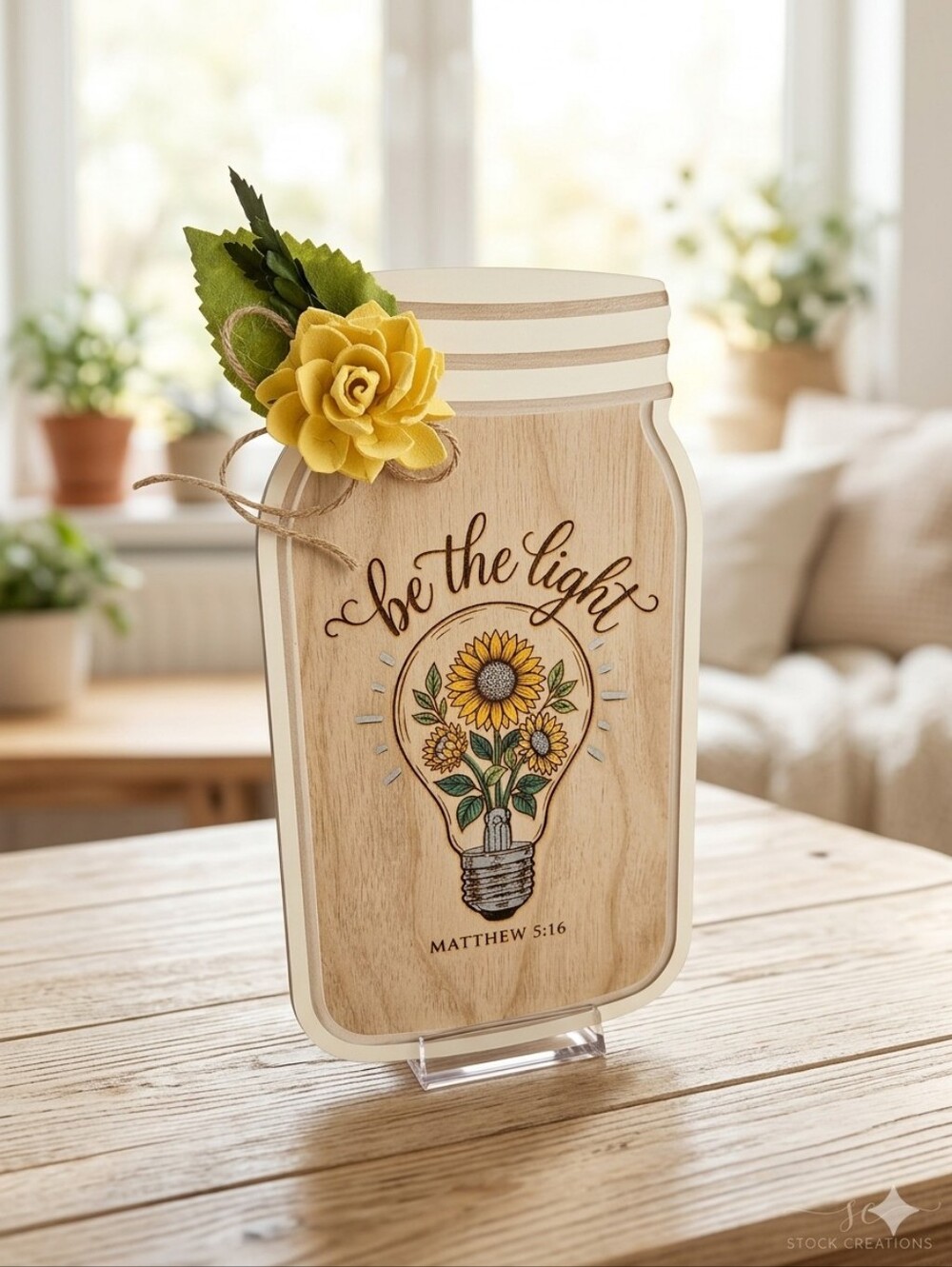 "Be The Light" NWT Mason Jar Plaque with Yellow Flower Accent, Home Decor